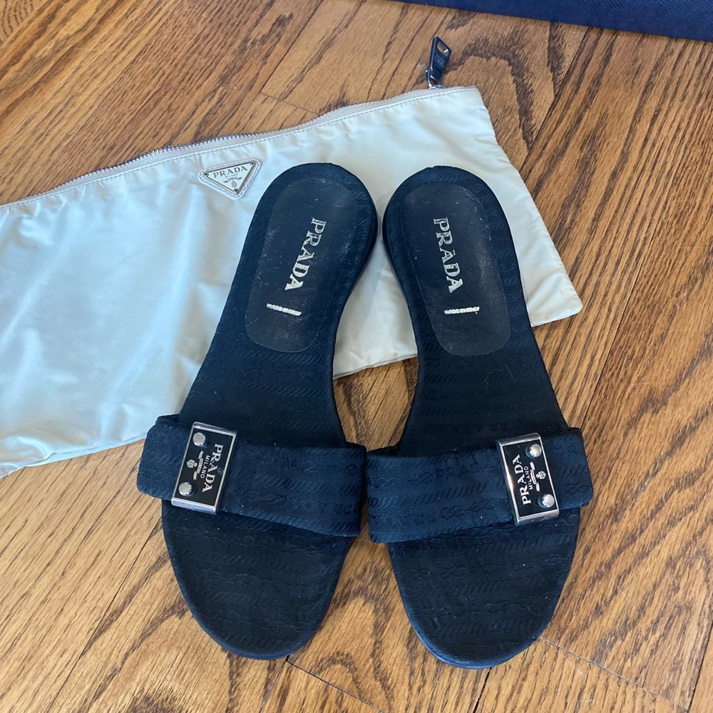 Prada Signature Fabric & Logo Plaque Slides Sz 7